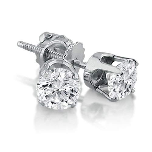 1/3 Carat Round Solitaire Diamond Earrings in 14K White Gold in Screw Back Crown Mounting & 4 Prong Mounting ( 0.30 Carat I-J Color VS1-VS2 Clarity )