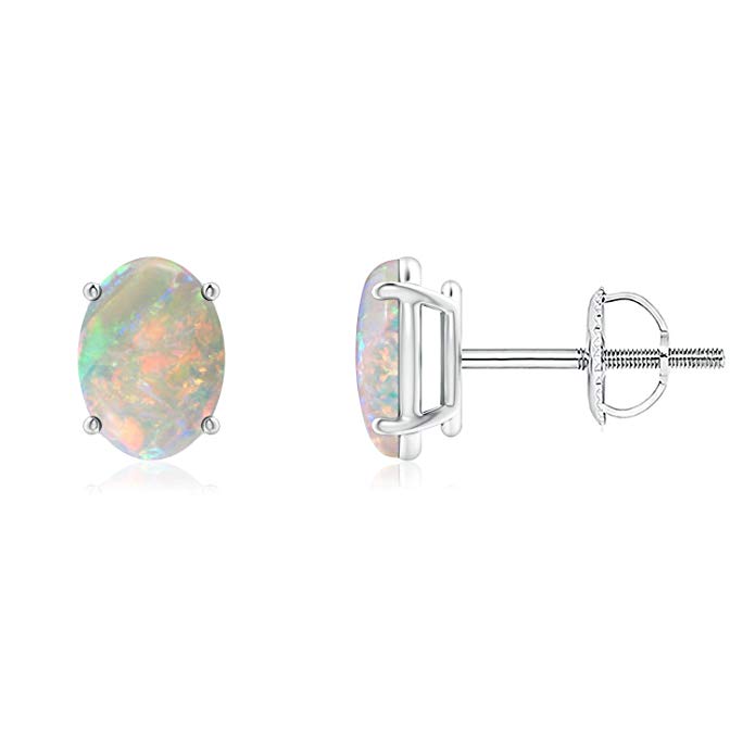 Prong-Set Oval Solitaire Cabochon Opal Stud Earrings (7x5mm Opal)