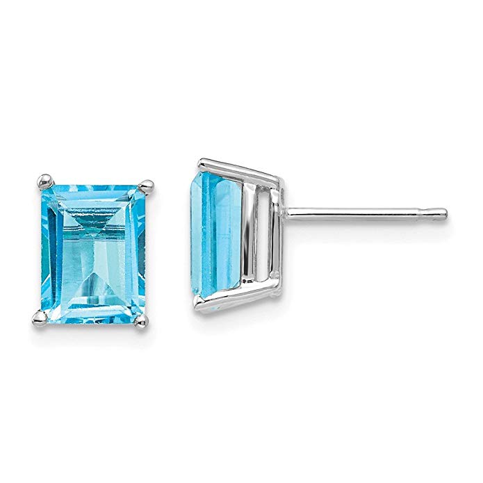 Solid 14k White Gold 8x6mm Emerald-Cut Blue Simulated Topaz Earrings