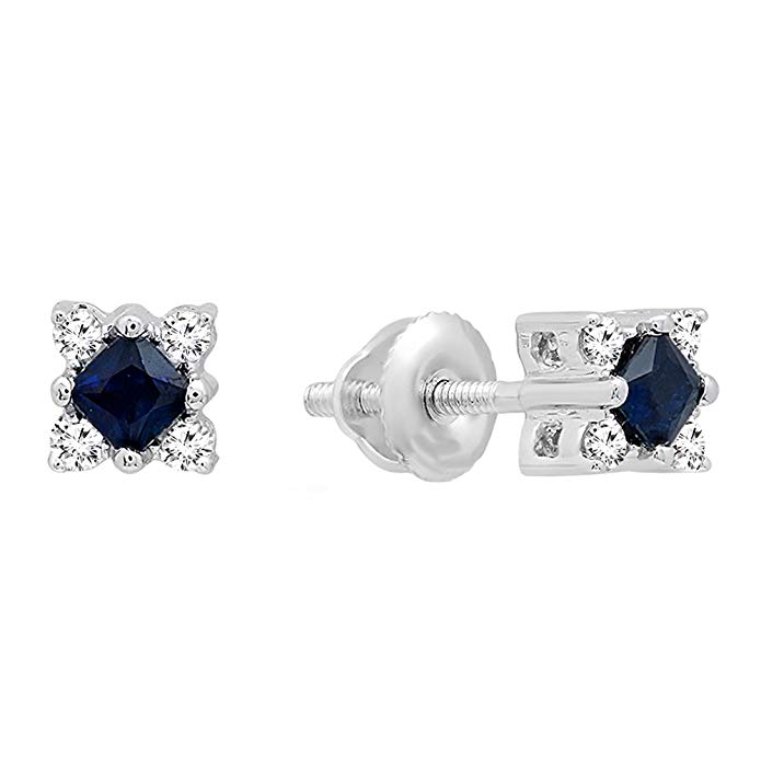 14K White Gold Princess Gemstone & Round White Diamond Ladies Square Shape Stud Earrings