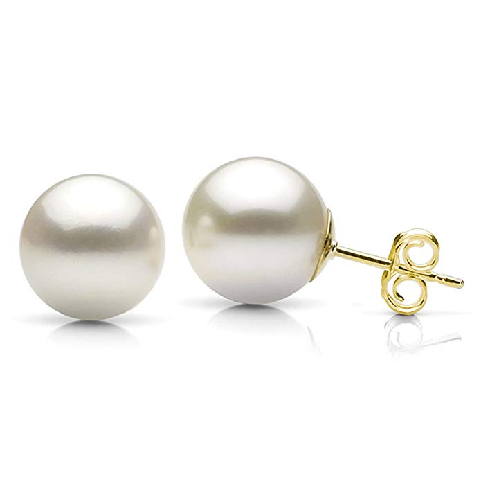 White Cultured Freshwater Pearl Stud Earrings 14K Yellow Gold Jewelry for Women