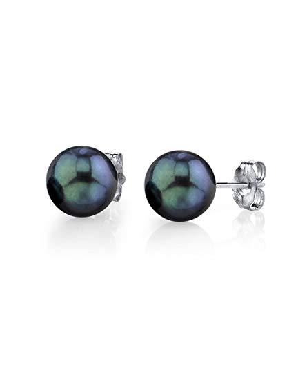 THE PEARL SOURCE 14K Gold Round Black Cultured Akoya Stud Pearl Earrings for Women