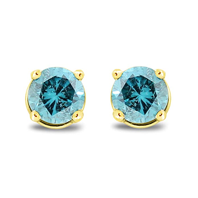 14K Gold Fancy Blue Diamond Stud Earrings Round Brilliant Earth-mined (I1-I2)