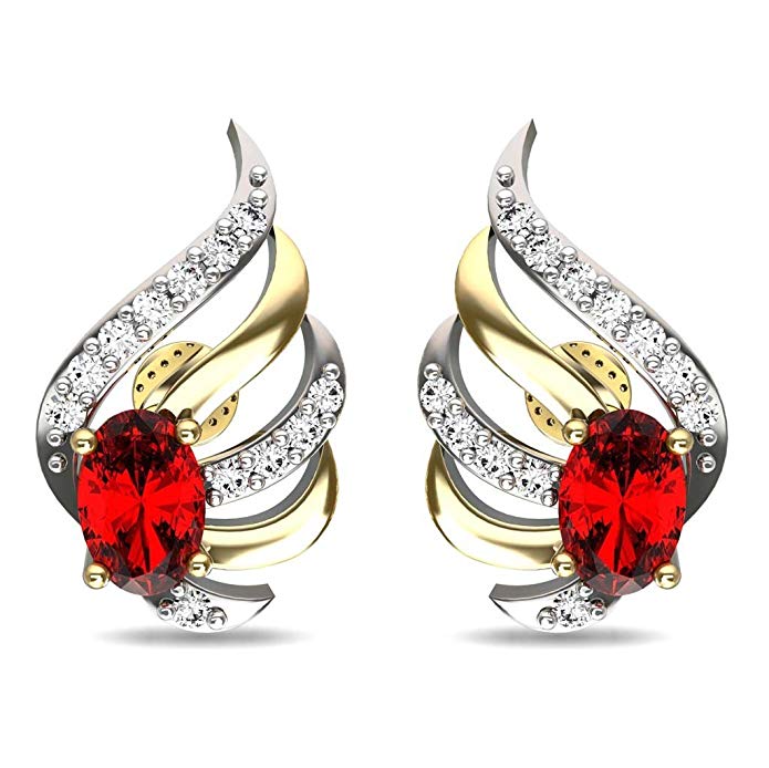 JewelsForum Women's 14Kt Yellow Gold Studs Diamond And Ruby Earrings 0.2 Carats Round Cut HI I1/I2 Diamonds