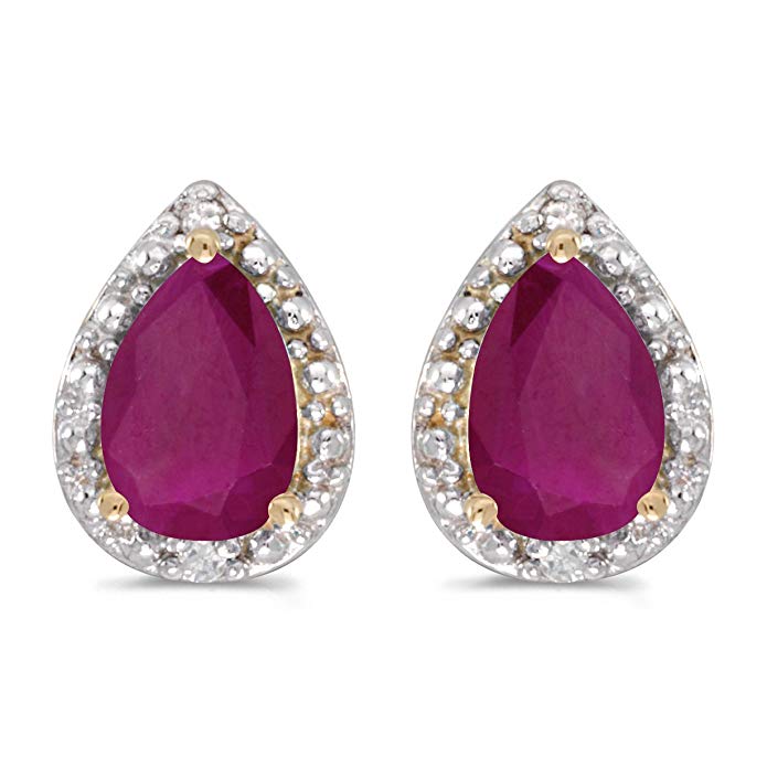 10k Yellow Gold Pear Ruby And Diamond Earrings