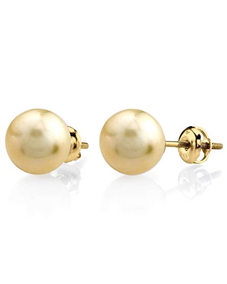 THE PEARL SOURCE 14K Gold Screwback 9-10mm Round Golden South Sea Cultured Pearl Stud Earrings for Women