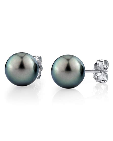 THE PEARL SOURCE 14K Gold Round Green Tahitian South Sea Cultured Pearl Stud Earrings for Women