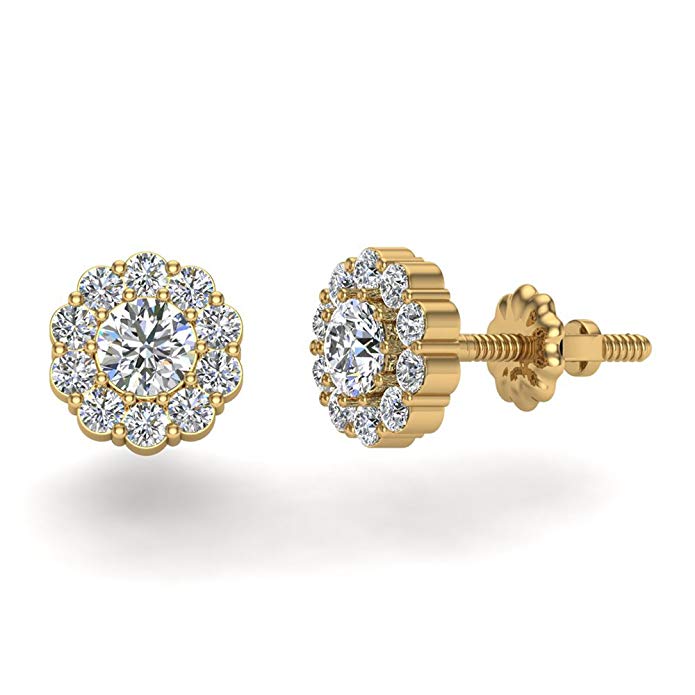 Halo Diamond Stud Earrings Round Brilliant Earth-mined 14K Gold (I,I1) 3/4 ctw