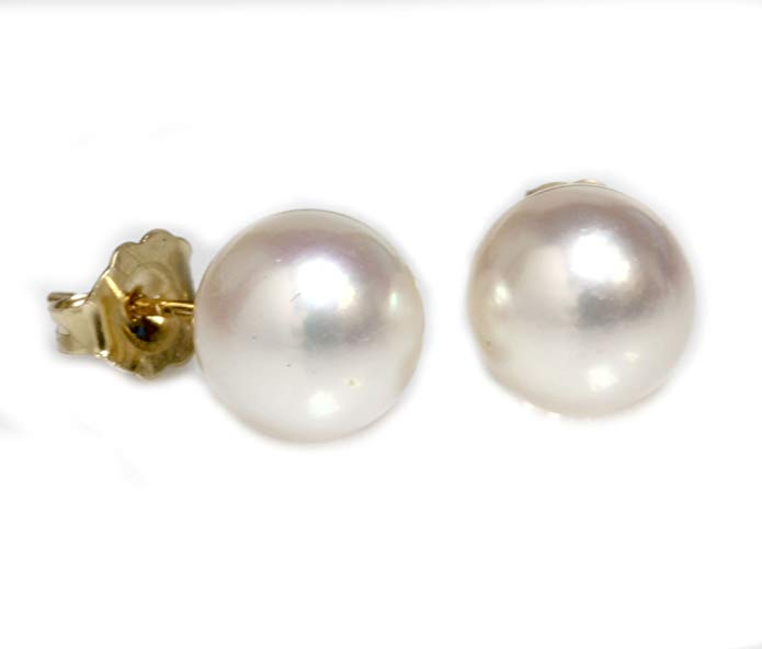 14K Gold 8.5-8.0mm White Akoya Cultured Pearl Stud Earrings - AAA Quality