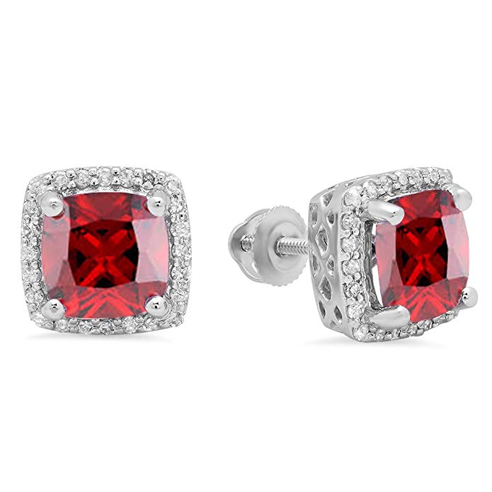 10K White Gold 7 MM Each Cushion Gemstone & Round Diamond Ladies Square Frame Halo Stud Earrings