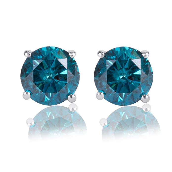 1/4 Carat Premium Blue Diamond Solitaire Screw Back Stud Earrings Pair in 14k White Gold