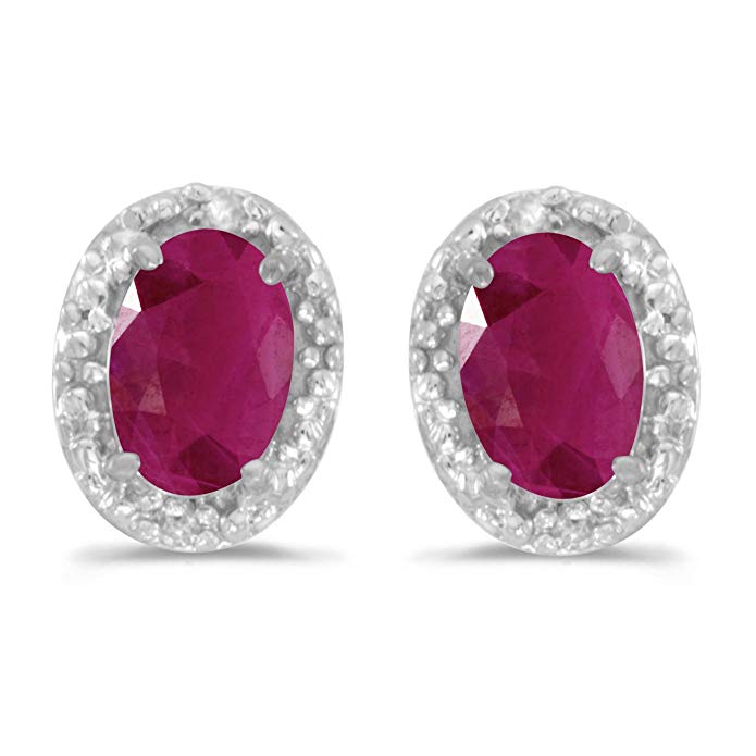 10k White Gold Oval Ruby And Diamond Earrings