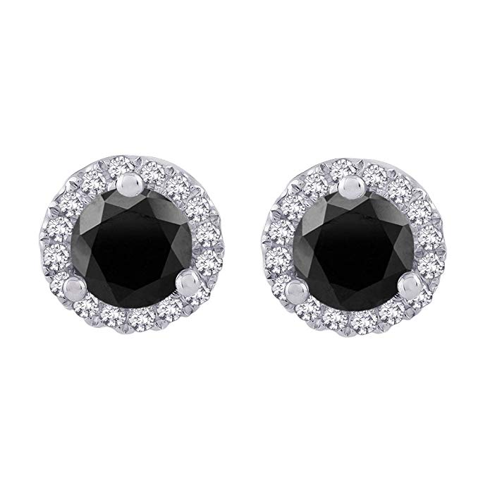 Center Black and White Diamond Halo Earrings in Gold or Sterling Silver (1/2 cttw) (Color GH, Clarity I2-I3)
