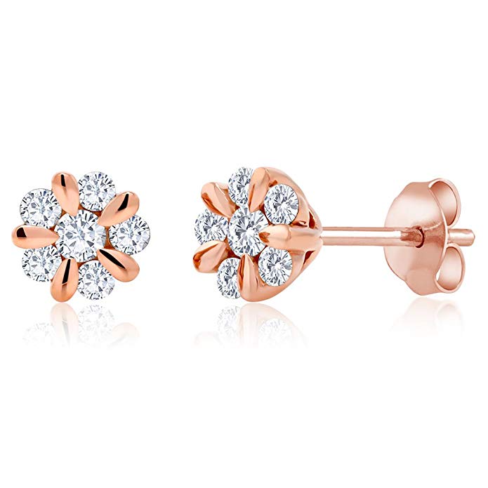 Solid 10K Rose Gold 0.312 Cttw White Diamond Flower Blossom Stud Earrings