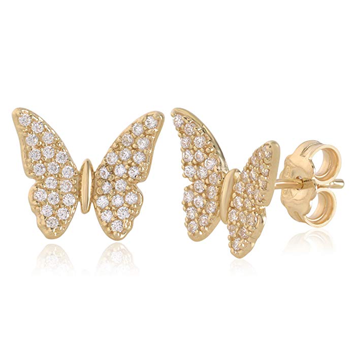 UNICORNJ Adult Tweens Teens 14k Gold Cubic Zirconia Pave Butterfly Stud Post Earrings Italy