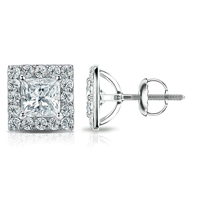 Platinum Halo Princess-cut Diamond Stud Earrings (1/2 - 3 ct, G-H, VS2-SI1) Screw-Backs