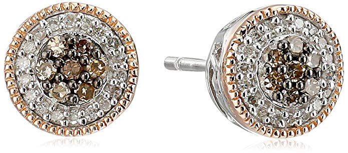 14K Rose Gold over Sterling Silver Chamange and White Diamond Cluster Stud Earrings (1/4 cttw)