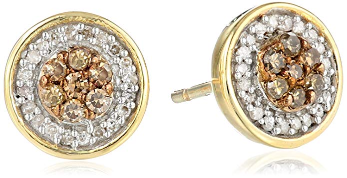 10K Yellow Gold Champagne and White Diamond Round Stud Earrings (1/4 cttw)