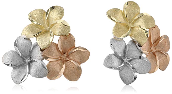 14k Gold Tri-Color Hawaiian Flower Stud Earrings