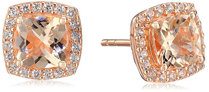 Rose Gold-plated Silver Morganite And Created White Sapphire Cushion Halo Stud Earrings