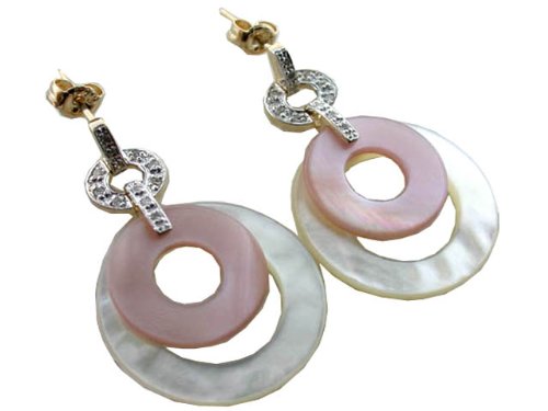 White and Pink Mother Of Pearl Chic Dangling Vertigo Earrings with Diamonds, 14k Gold