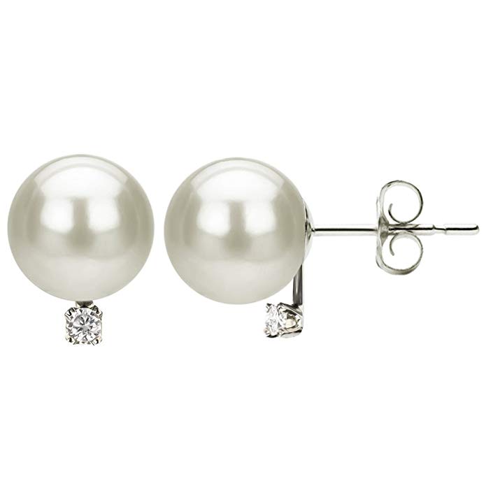 White Cultured Freshwater Pearl Studs Diamond Earrings for Women Sterling Silver 1/16 CTTW