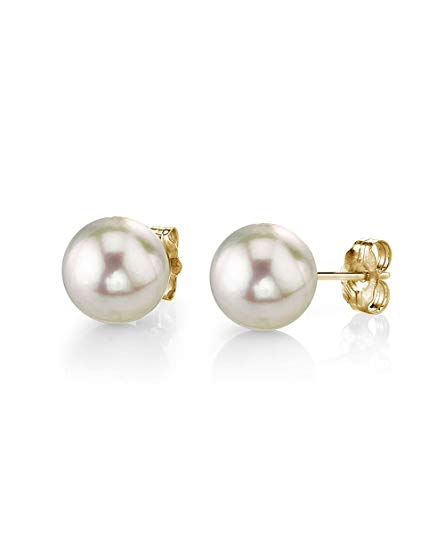 THE PEARL SOURCE 14K Gold Baby Sized AAA Quality Round White Akoya Cultured Pearl Stud Earrings for Women