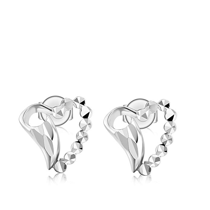 MaBelle 14K White Gold Diamond-Cut Open Heart Shape Gothic Angel Wing Phoenix Stud Earrings