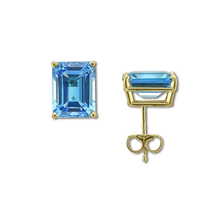 14 Karat Yellow Gold 6.00 Carat Total Weight Emerald Cut Swiss Blue Topaz Earrings