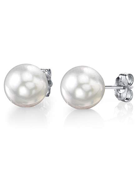 THE PEARL SOURCE 14K Gold 8-9mm AAAA Quality Round White South Sea Cultured Pearl Stud Earrings for Women