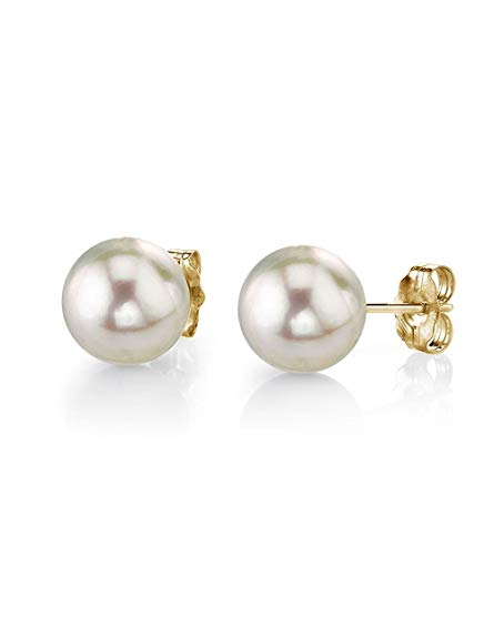 THE PEARL SOURCE 14K Gold 8-8.5mm Hanadama Quality Round White Akoya Cultured Pearl Stud Earrings for Women