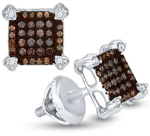 10K White Gold Princess Square Shape Halo Studs Prong Set Chocolate Brown & White Diamond Earrings (1/4 cttw.)