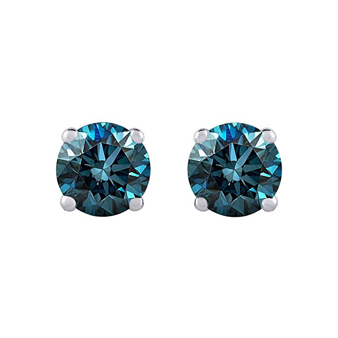 Blue - I1 Round Brilliant Cut Diamond Earring Studs in 14K Gold