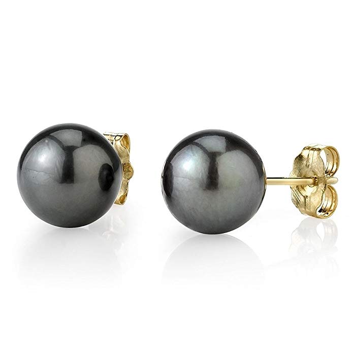 THE PEARL SOURCE 14K Gold 11-12mm Round Tahitian South Sea Cultured Pearl Stud Earrings for Women