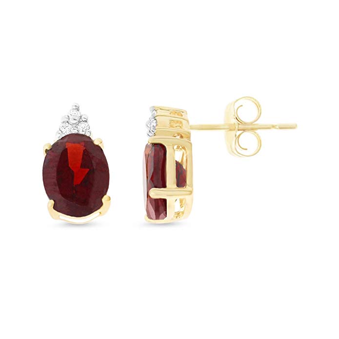 3.43CTW 14K Yellow Gold Genuine Natural Garnet and Diamond Oval Shaped 6 x 8 mm. Stud Earrings