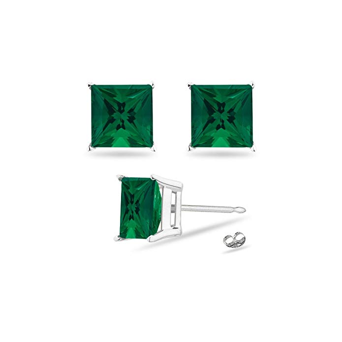 1.10-1.35 Cts of 5 mm AAA Princess Russian Lab Created Emerald Stud Earrings in 14K White Gold - Valentine's Day Sale