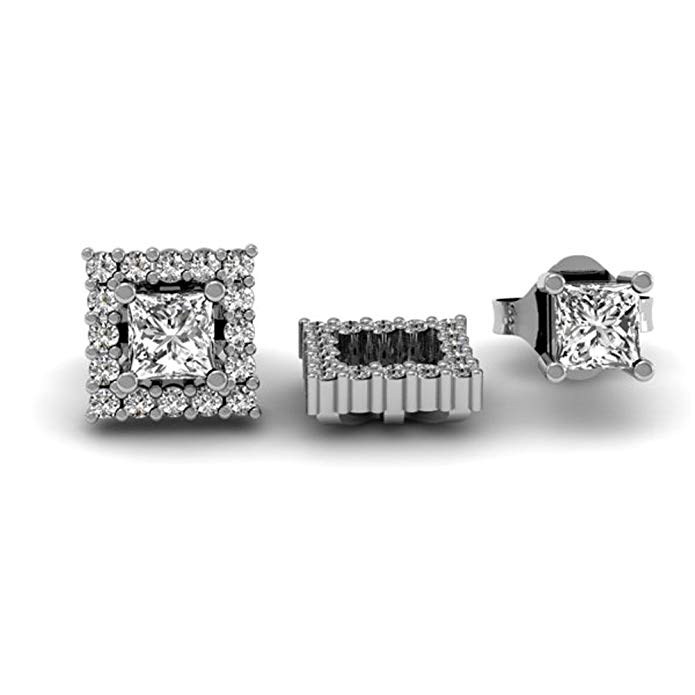 0.45 Carat (ctw) 14k White Gold White Diamond Square Shape Removable Jackets for Stud Earrings 1/2 CT