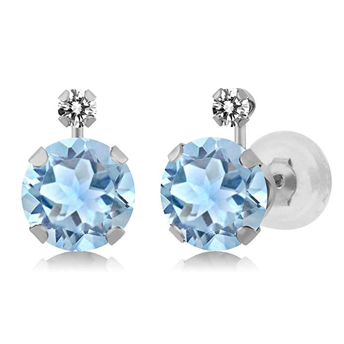 1.57 Ct Round Sky Blue Aquamarine White Diamond 14K White Gold Earrings