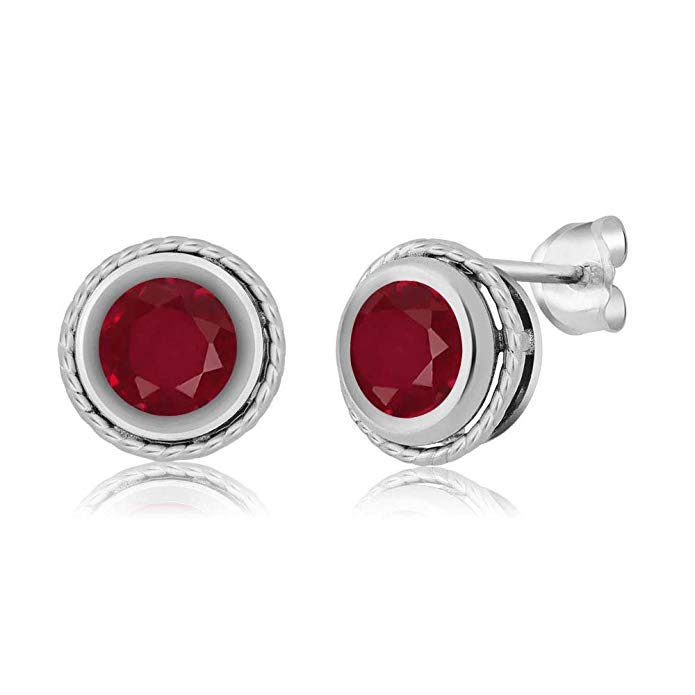 2.10 Ct Round Red Ruby 925 Sterling Silver bezel Stud Earrings 6mm