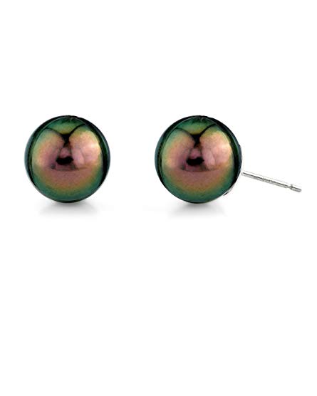 THE PEARL SOURCE 14K Gold 10-11mm Round Ultra Peacock Green Tahitian South Sea Cultured Pearl Stud Earrings for Women