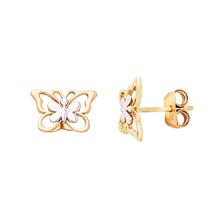14K Gold Two Tone Yellow & White Double Gold Butterfly Push-Back Stud Earrings