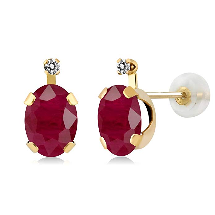 2.05 Ct Oval Red Ruby White Diamond 14K Yellow Gold Earrings