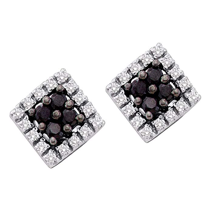 Black and White Round Cut Diamond Stud Earrings in 10k Yellow OR White Gold Square Setting - 9mm Height 9mm Width (1/4 cttw)