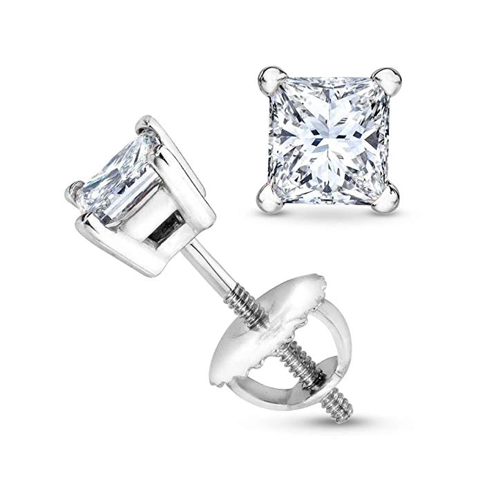 3/4 Carat Solitaire Diamond Stud Earrings Princess Cut 4 Prong Screw Back (D-F Color, VS1-VS2 Clarity)
