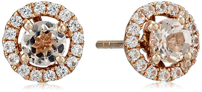 10k Rose Gold Morganite and Created White Sapphire Round Halo Stud Earrings