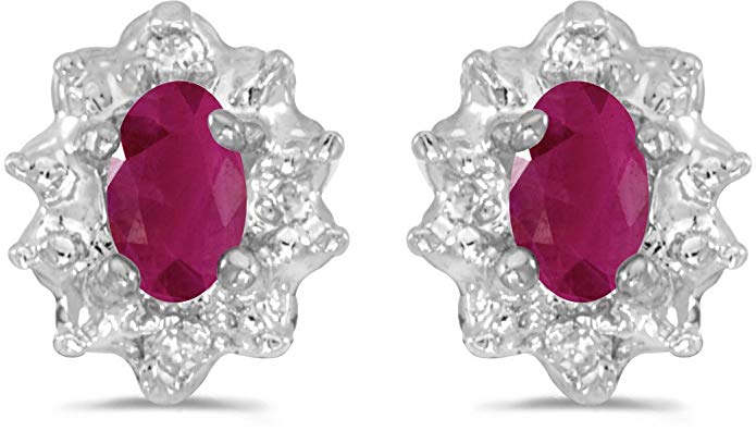 10k White Gold Oval Ruby And Diamond Earrings