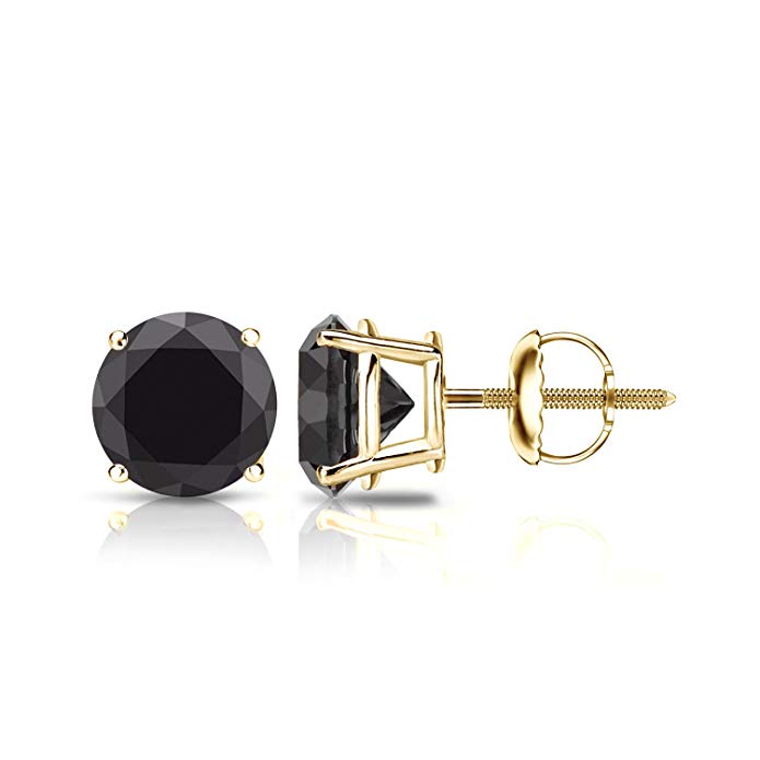 14k Gold Round Black Diamond 4-Prong Basket Stud Earrings (1/2-4 ct, Black) Screw-Back