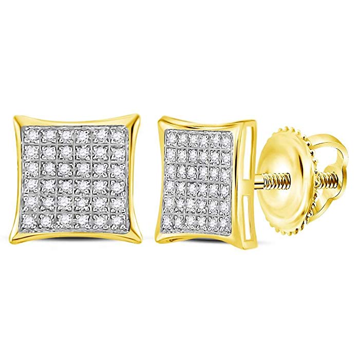 14k Yellow and White Two 2 Tone Gold Micro Pave Set Round Diamond Earrings Square Princess Shape - 9mm Height 9mm Width (1/4 cttw)