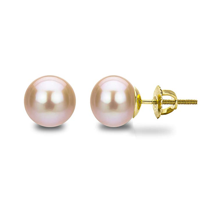 14k Yellow Gold Pink Button-shape Freshwater Cultured High Luster Pearl Screw-back Stud Earrings