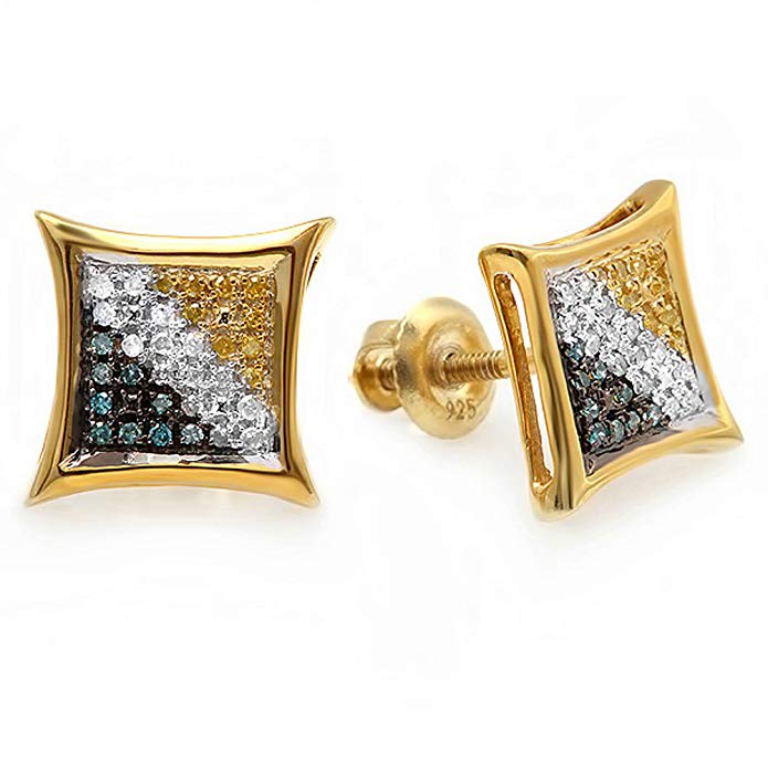 0.15 Carat (ctw) Blue, White & Yellow Round Diamond Micro Pave Setting Kite Shape Stud Earrings